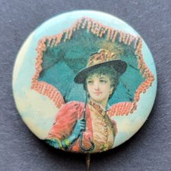 Portrait of a Victorian Woman with Umbrella. Pinback Button. 1.5". Vintage. 1965