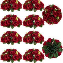 BLOSMON Flower Balls Wedding Rose Centerpieces: 10 Pcs Crimson Fake Flowers Kissing Balls Decor Artificial Floral Arrangements Flower Bouquet of Roses