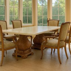 Kreiss Fleur De Lis Dining Table – Sculptural Stone-Top Elegance with Luxury Carved Base + Chairs