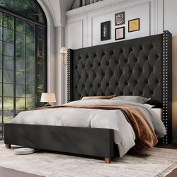 AMAZING DEAL! Black Velvet King Platform Bed, 61.4” Tall, w/Adjustable Bed!
