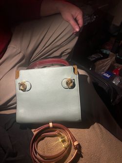 Tory Burch Lee Radziwill Petite Double Bag 84567 – Mint Blue/Burgundy Leather – Crossbody Strap