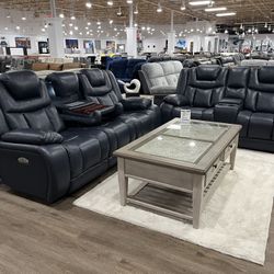 REAL GENUINE LEATHER NAVY SOFA & LOVESEAT POWER RECLINING HEAD & FOOTREST ARM STORAGE AND DROP DOWN MIDDLE CONSOLE !!!*** OFFER ENDS 12/5/25