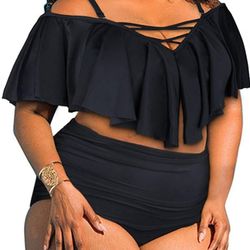 New Women's Plus Size Two Piece Swimsuit Flounce Off Shoulder Bikini High Waisted
 Black
