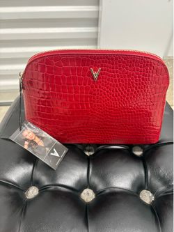 Vanessa Williams Red Croc Embossed V Logo Zip Makeup Cosmetic Bag