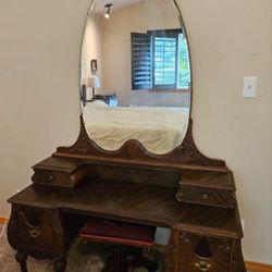 Antique Wood Vanity With Mirror And Stool