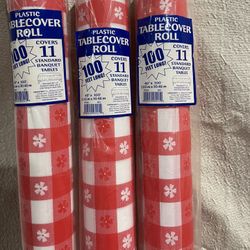 3) Red Gingham Plastic Table Cover 100 Feet=300ft !!! 
