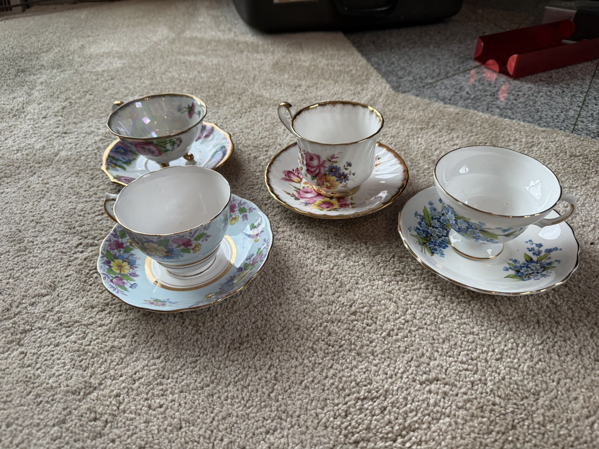 Set of 4 Vintage Bone China Teacup & Saucer Duos – Made in England & Japan