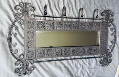 Cute gray Metal mirror with hooks for keys/coats etc