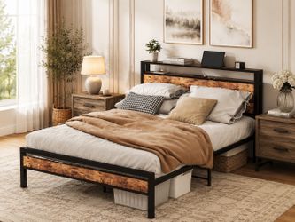 New Full Size Bed Frame with Storage Headboard & Charging Station – New in Box