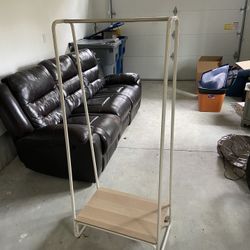 Minimalist White Clothes Hanger Rack with Wood Shelf – Great Condition