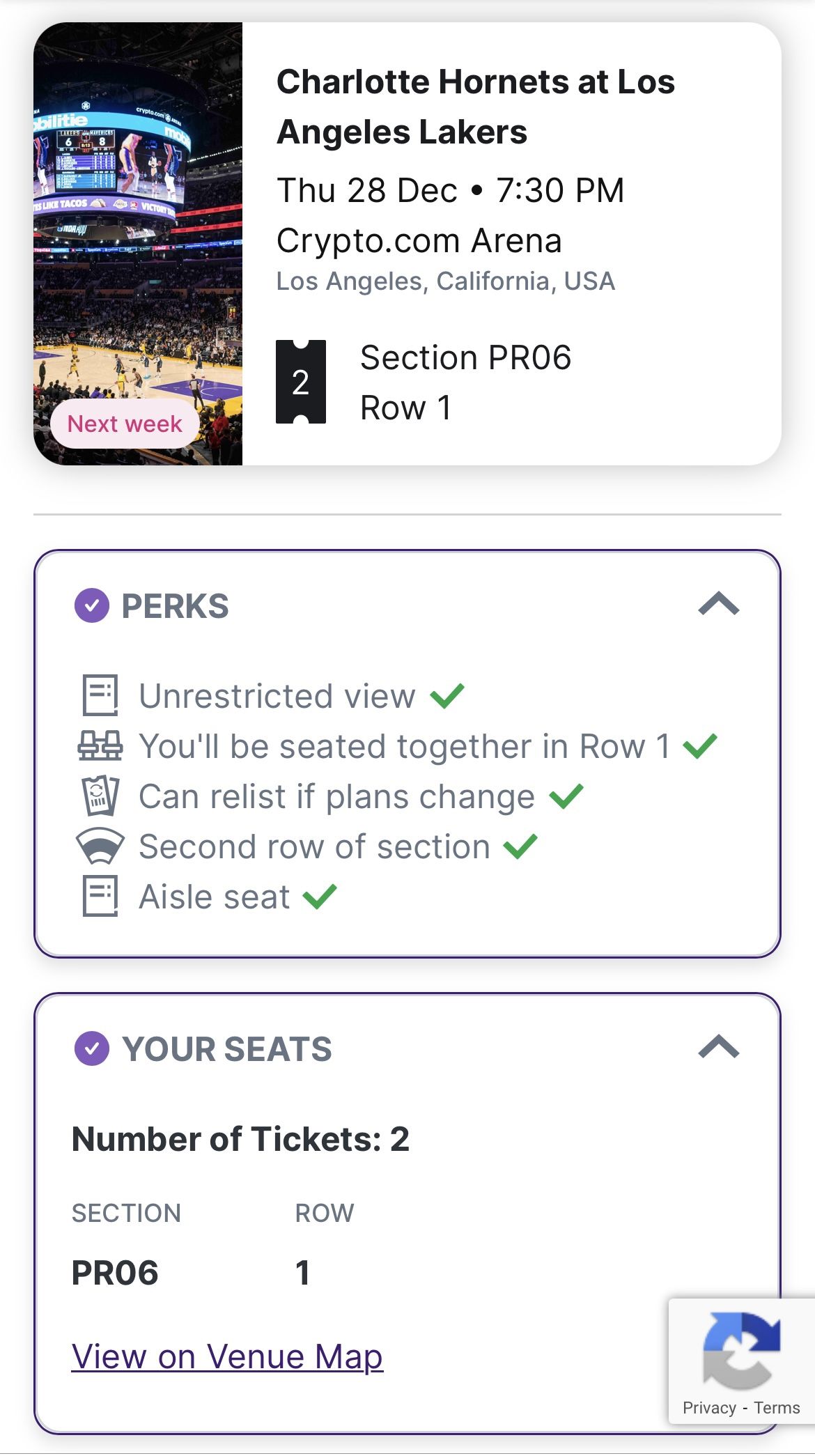 Los Angle Lakers vs Hornets Game 2 Tickets