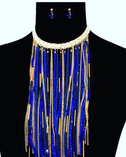 Royal Blue and Gold Fringe Necklace Set