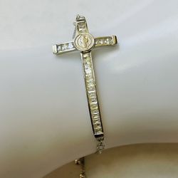 Pulsera Cruz Con San Benito Zirconia Plata 925 Garantizada/Cross Bracelet Silver