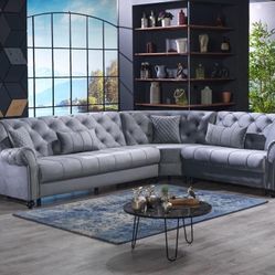 Grey Velvet Living Room Sectional Sleeper - Delivery And Financing Available 