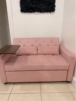 Pink Velvet Convertible Sofa Bed With Side Table - Like New