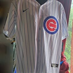Chicago Cubs White With Blue Pinstripes Embroidered Jersey New With Tags 