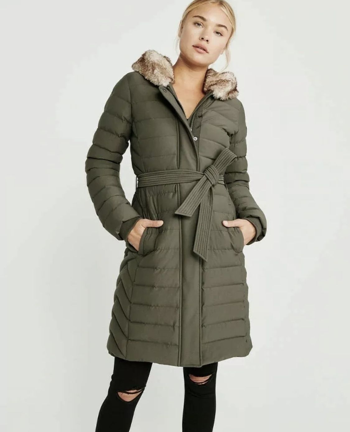 Abercrombie & Fitch Women Black Slim Long Down Stretch Parka Puffer