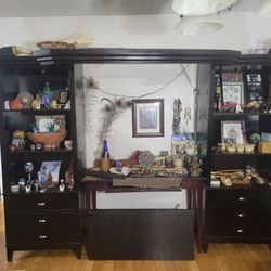 Ebony Varnished Solid Wood Entertainment Storage Hutch Furniture With shelves And Drawers