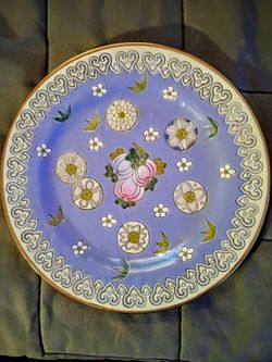 Vintage Chinese Decorative Plate w/ Periwinkle Blue Peaches ( Display Only )