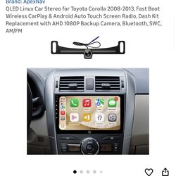 QLED Linux Car Stereo for Toyota Corolla 2008-2013, Fast Boot Wireless CarPlay & Android Auto Touch Screen Radio, Dash Kit Replacement with AHD 1080P 