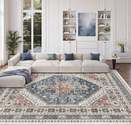 8x10 Area Rugs for Living Room,Large Washable Rug,Blue Rugs for Bedroom,Dining Room,Office,Low Pile,Soft, Vintage Rug,Stain Resistant Indoor Carpet,No