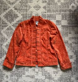 Chico’s Orange Brocade Embossed Bohemian Corduroy Open Ruffle jacket- size 1 (Medium)