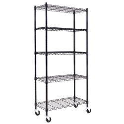 5-Shelf Shelving Units and Storage on 3'' Wheels, Adjustable Heavy Duty Carbon Steel (30W x 14D x 63.7H)Black, Pole Diameter 1 Inch