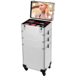 4 in 1 Rolling Makeup Train Case with Mirror of LED Lighted 3 Color Setting, Professional Cosmetology Trolley, Silver  