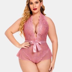 Avidlove Lingerie Plus Size for Women Halter V Neck Teddy Lingerie Lace Bodysuit
