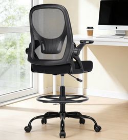 Tall Office Chair with Adjustable Footrest Ring, Standing Desk Chair with Flip-Up Armrests