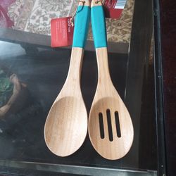 Crofton Slotted Kitchen Bamboo Utensil Set with Teal Handles