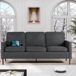 76” W Fabric 3 Seater Sofa Couch With 2 USB 