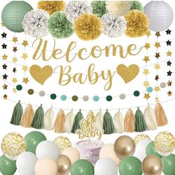 Brand New Sage Green Baby Shower Decorations,Welcome Baby Banner,Oh Baby Cake Topper,Paper Lanterns,Balloon,Pom Poms Flowers Tassels
