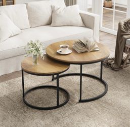 New Nesting Coffee Table Set of 2, 27.6" Round Coffee Table Wood Grain Top