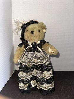 Vintage Teddy Bear Black Cream Lace Dress Hat Feather Craft Purposes Only 9"