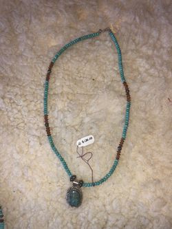 Light blue turquoise & Amber necklace with matching earrings $130