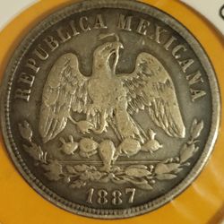  1887 Mexico 50 Centavos Silver Coin Very Low Mintage