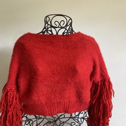 Vibrant Red Bohemian Tassled Wide Sleeve Sweater 