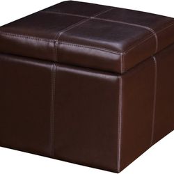 Adeco Bonded Leather Contrast Stitch Square Cube Ottoman Footstool, 16", Tan
