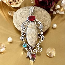 Fossil Coral, Garnet, Bicolor Tourmaline And Blue Topaz 925 Sterling Silver Overlay Pendant
