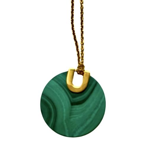 Ann Taylor Gold Necklace Green Malachite Round Pendant; 18” Length