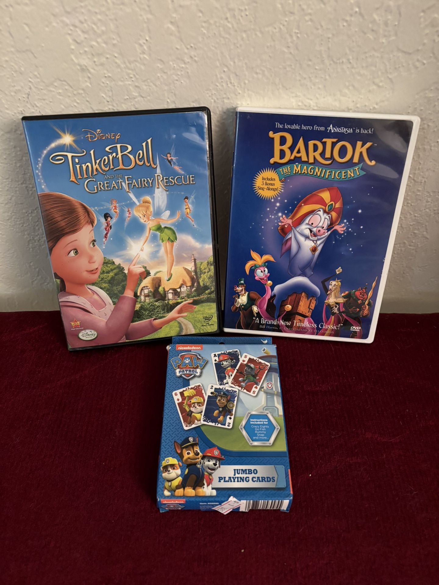 Tinkerbell DVD, Bartok DVD And Paw Patrol Playing Cards