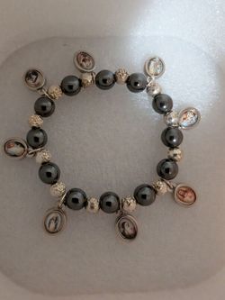 Religious Hematite Charm Bracelet with Saints icons
