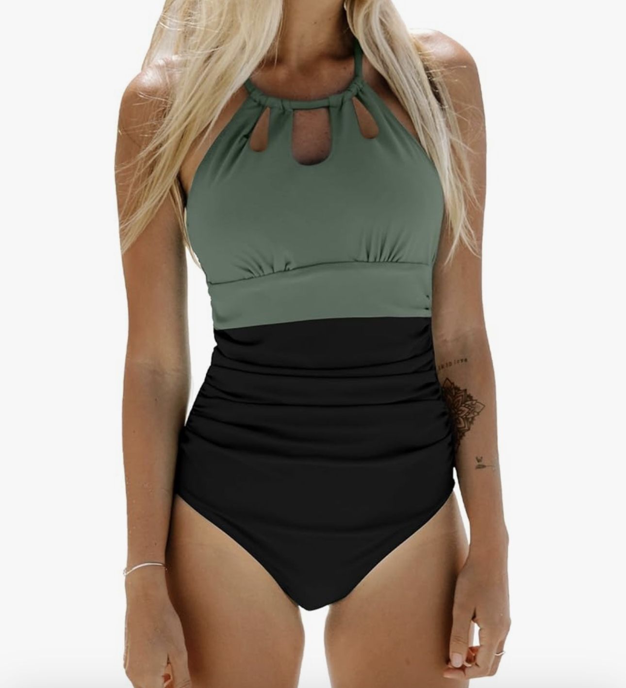 NWT Cupshe Womens One Piece Swimsuit Size Medium Green/Black Halter Top