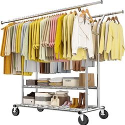 Raybee 74" W Heavy Duty Clothes Rack, Double Rods Clothing Rack Load 630 LBS, Rolling Clothes Racks for Hanging Clothes

Missing 2 Wheels New On Box