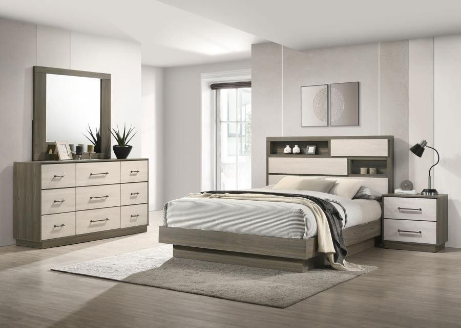 Four Pc Queen Bedroom Set With Queen Bed Frame Dresser Mirror And Night Stand