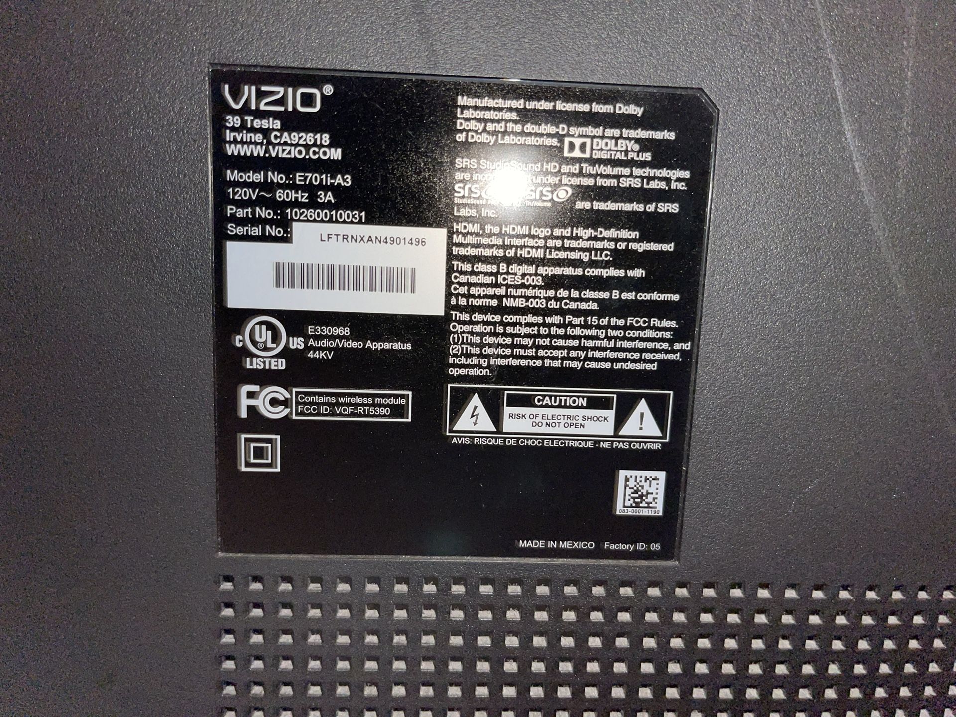 VIZIO E701iA3 70inch 1080p 120Hz Razor LED Smart HDTV for Sale in