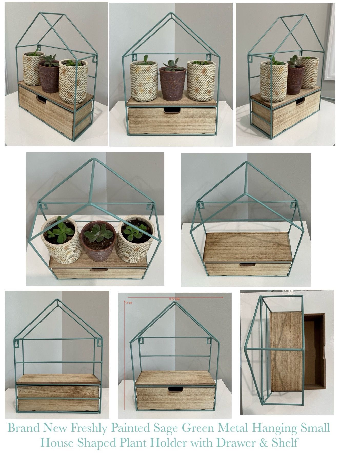 Brand New Freshly Painted Sage Green Metal Hanging Small House Shaped Plant Holder with Drawer & Shelf