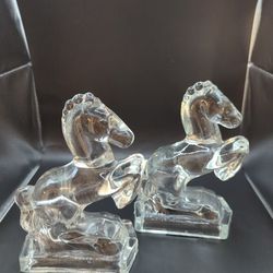 Pair Of Vintage LE Smith Glass Horse Bookends 