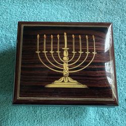 Sorrento high gloss music box with a Judaic menorah inlay. New, Swiss Movement, Hatikvah